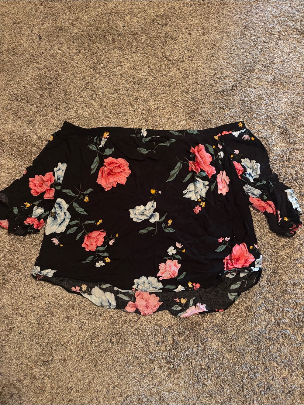Old Navy Black Floral Off-Shoulder Top with Pink Blooms
